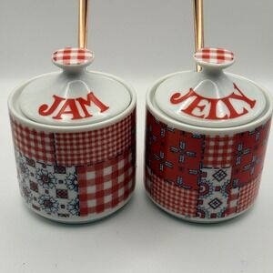 Vintage Red Quilted Price Imports Japan Ceramic Jam/Jelly Jar Set Spoons Cottage